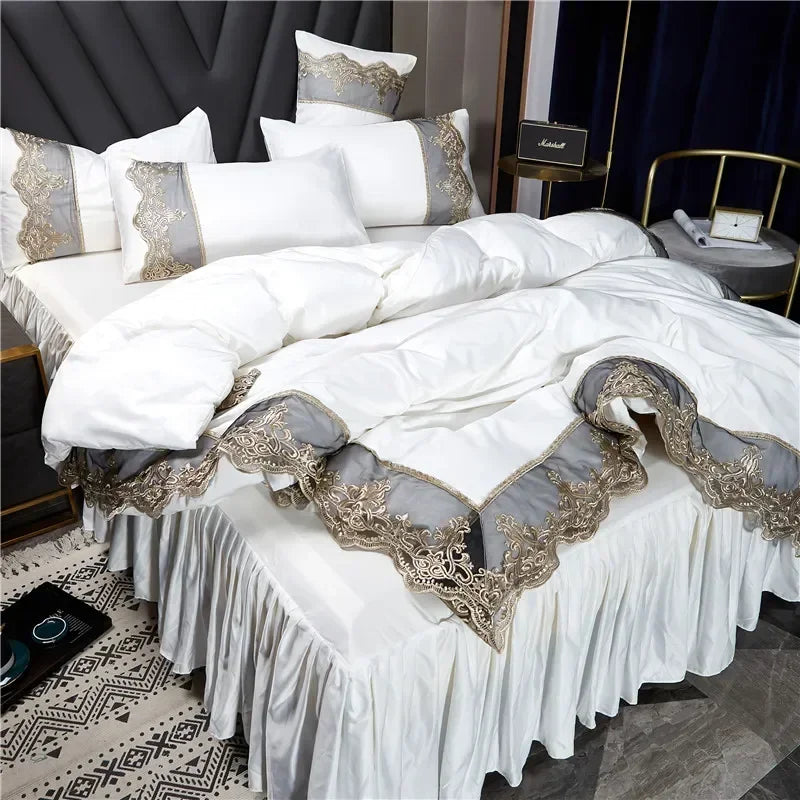 Conjunto Roupa de Cama com Renda Estilo Realeza em Seda Lavada
