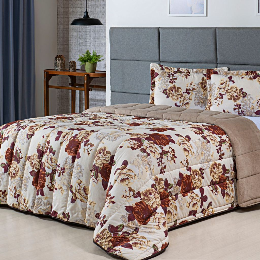 Kit Coberdrom Estampado Queen Size Dupla Face 03 Peças