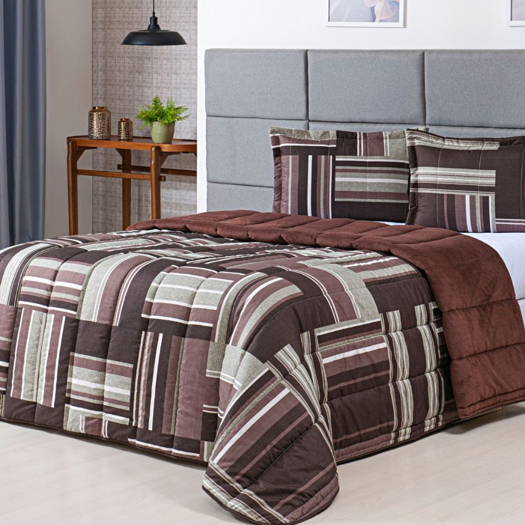 Kit Coberdrom Estampado Queen Size Dupla Face 03 Peças