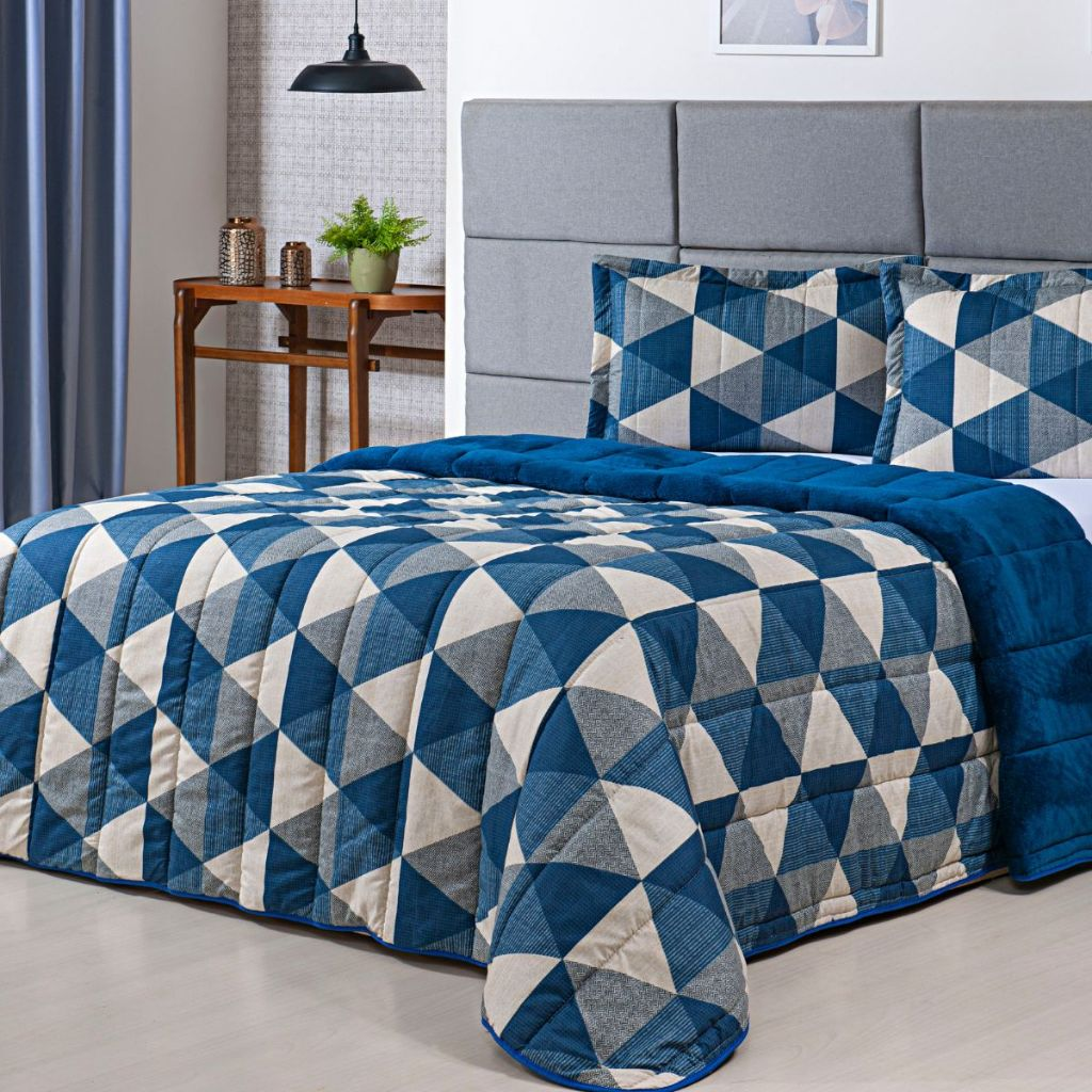 Kit Coberdrom Estampado Queen Size Dupla Face 03 Peças