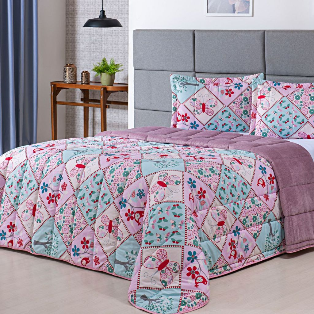 Kit Coberdrom Estampado Queen Size Dupla Face 03 Peças