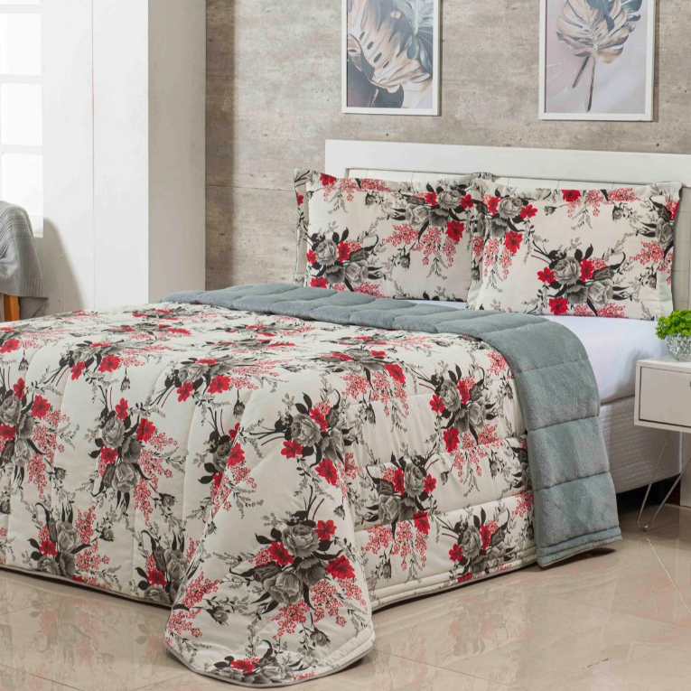 Kit Coberdrom Estampado Queen Size Dupla Face 03 Peças
