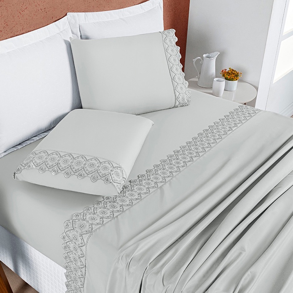 Jogo de Lençol Queen 4 Peças Percal 200 Fios Lese Bordado Inglês