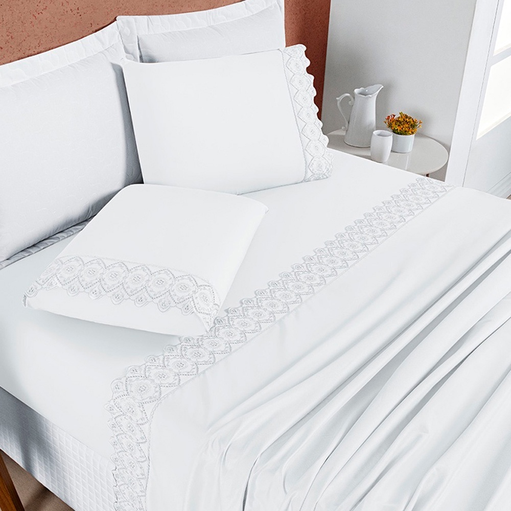 Jogo de Lençol Casal 4 Peças Percal 200 Fios Lese Bordado Inglês