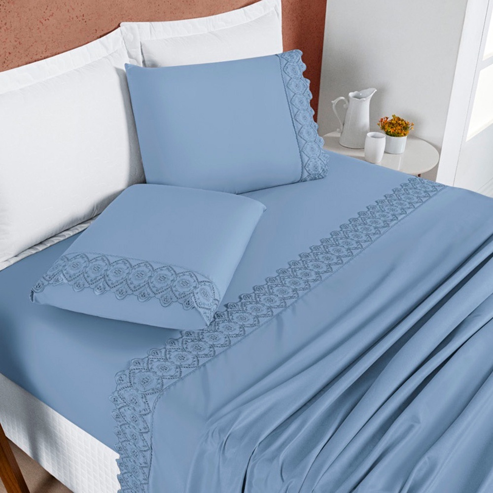 Jogo de Lençol Solteiro 3 Peças Percal 200 Fios Lese Bordado Inglês