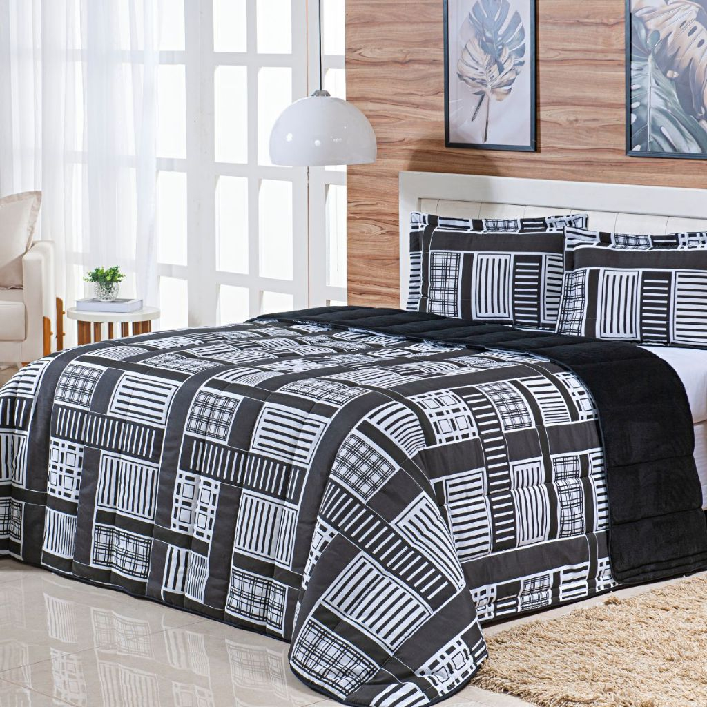 Kit Coberdrom Estampado Queen Size Dupla Face 03 Peças