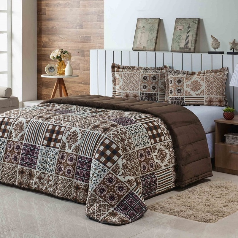 Kit Coberdrom Casal Queen Estampado 3 Pçs Dupla Face