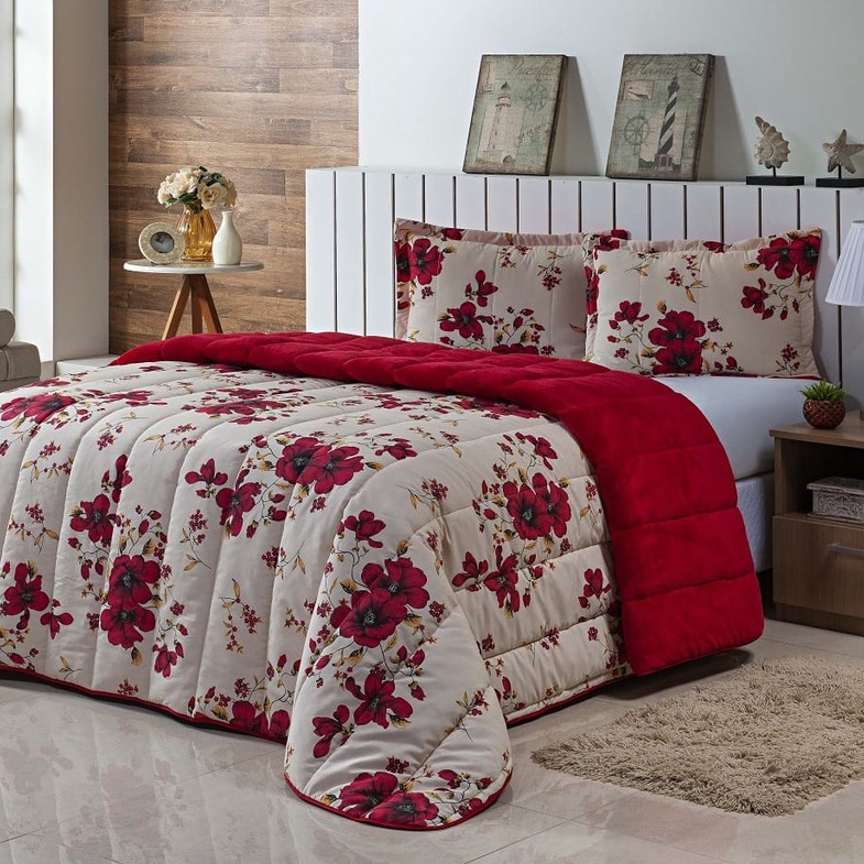 Kit Coberdrom Estampado Queen Size Dupla Face 03 Peças