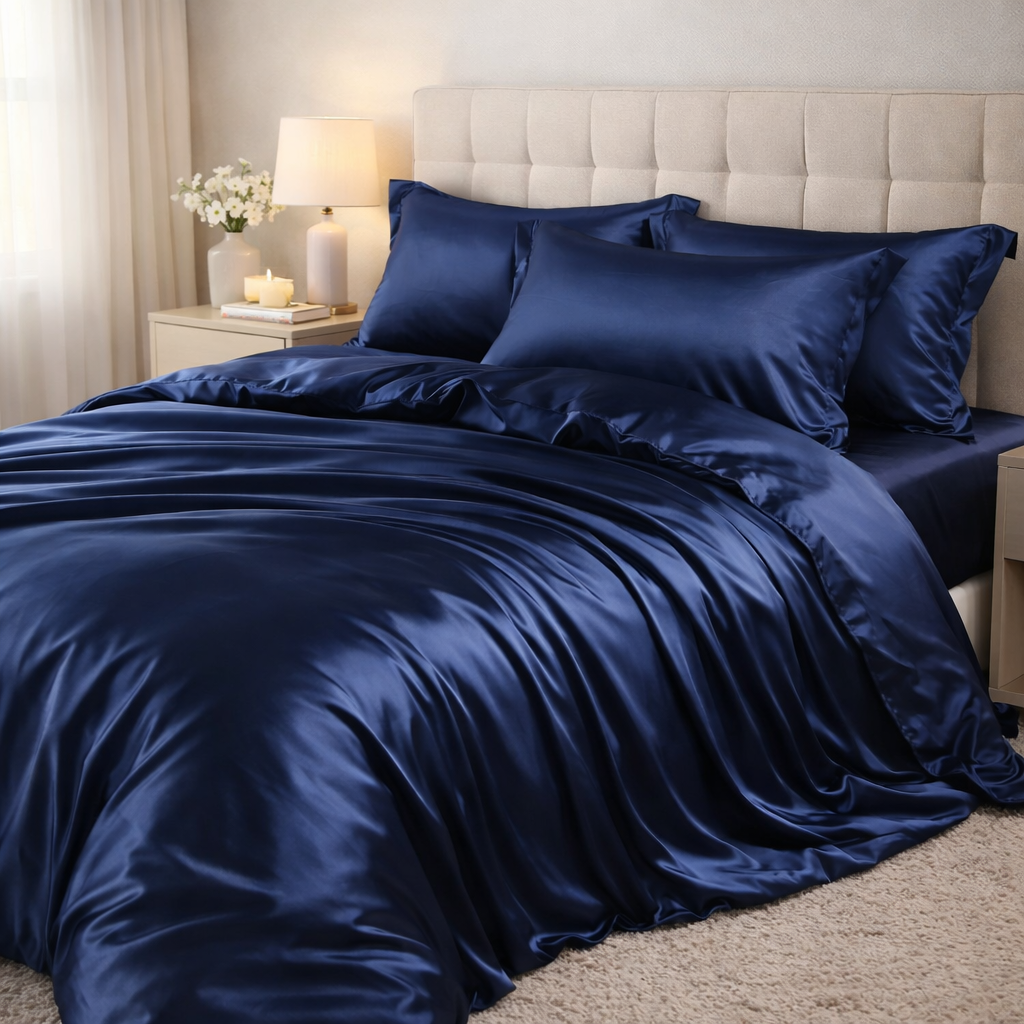 Roupa de Cama King Em Seda Natural Mix Azul Marinho | Mulberry Luxo
