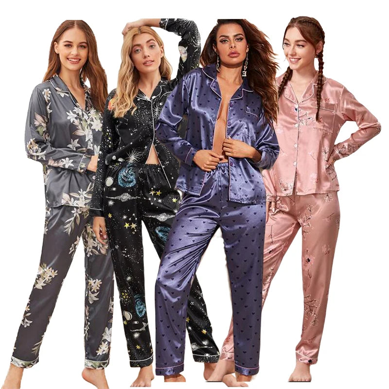 Conjunto Pijama Feminino Cetim de Seda Manga Longa Elegante e Macio