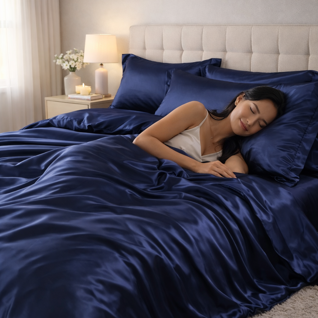 Roupa de Cama King Em Seda Natural Mix Azul Marinho | Mulberry Luxo